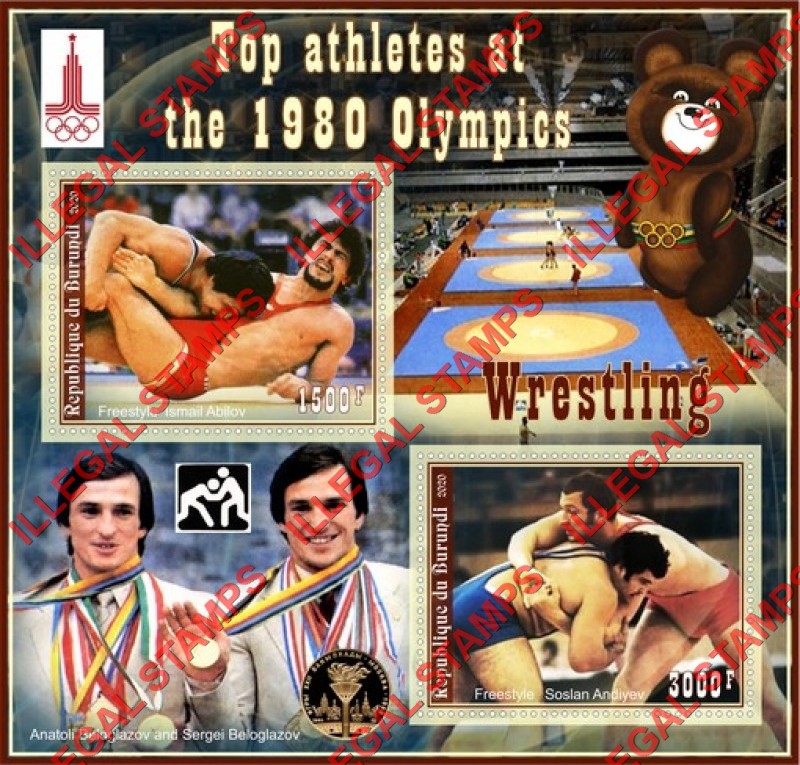 Burundi 2020 Olympic Games in Moscow in 1980 Wrestling Counterfeit Illegal Stamp Souvenir Sheet of 2