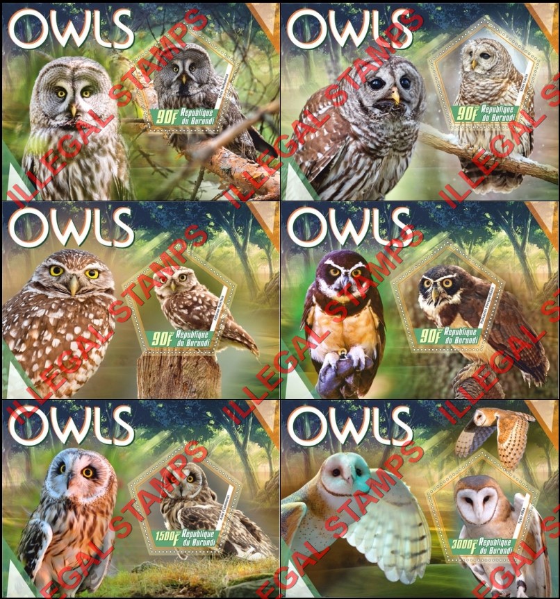 Burundi 2020 Owls Counterfeit Illegal Stamp Souvenir Sheets of 1