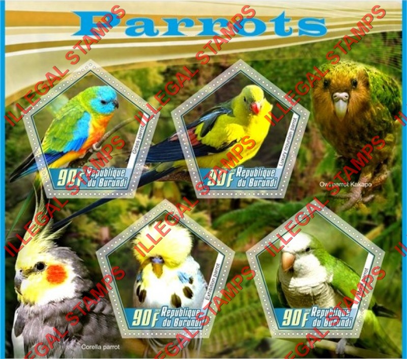 Burundi 2020 Parrots Counterfeit Illegal Stamp Souvenir Sheet of 4
