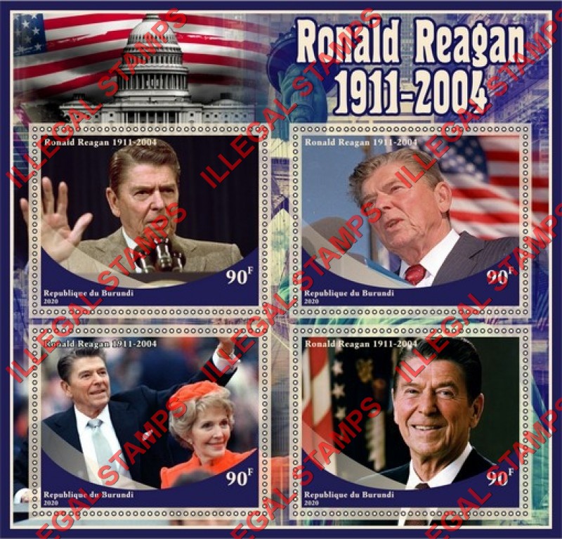 Burundi 2020 Ronald Reagan Counterfeit Illegal Stamp Souvenir Sheet of 4