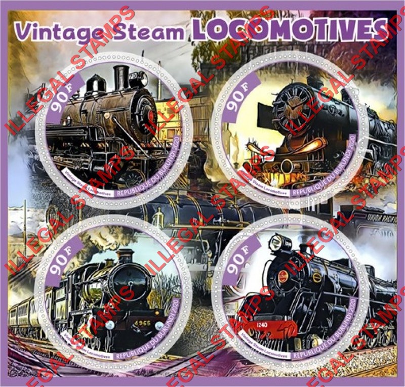 Burundi 2020 Vintage Steam Locomotives Counterfeit Illegal Stamp Souvenir Sheet of 4