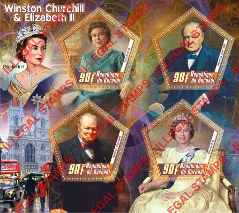 Burundi 2020 Winston Churchill and Queen Elizabeth II Counterfeit Illegal Stamp Souvenir Sheet of 4
