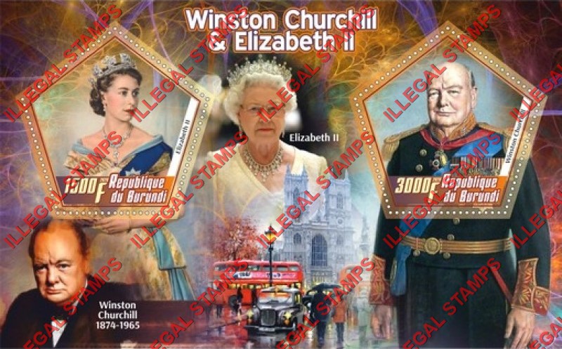 Burundi 2020 Winston Churchill and Queen Elizabeth II Counterfeit Illegal Stamp Souvenir Sheet of 2