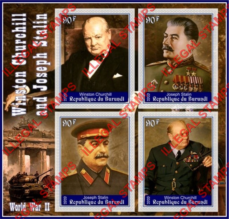 Burundi 2020 Winston Churchill and Joseph Stalin Counterfeit Illegal Stamp Souvenir Sheet of 4