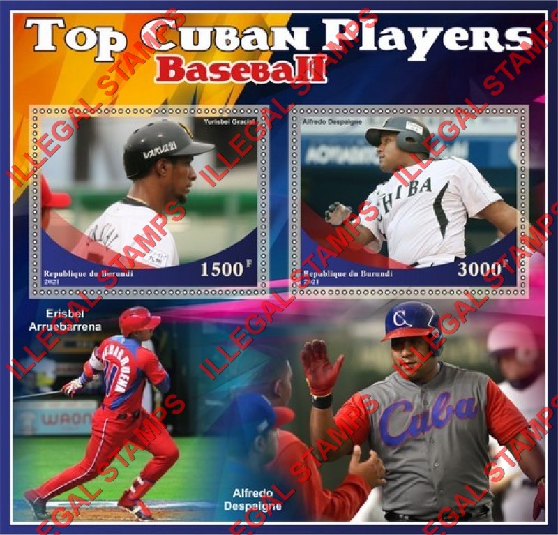 Burundi 2021 Baseball Top Cuban Players Counterfeit Illegal Stamp Souvenir Sheet of 2