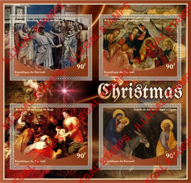 Burundi 2021 Christmas Paintings Counterfeit Illegal Stamp Souvenir Sheet of 4