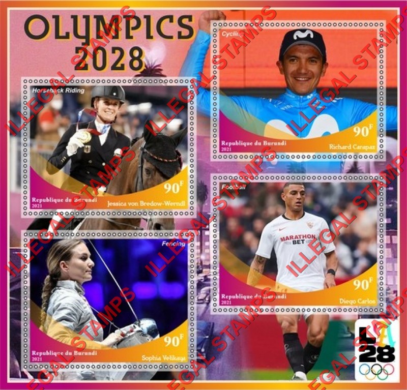 Burundi 2021 Olympic Games in Los Angeles in 2028 Counterfeit Illegal Stamp Souvenir Sheet of 4