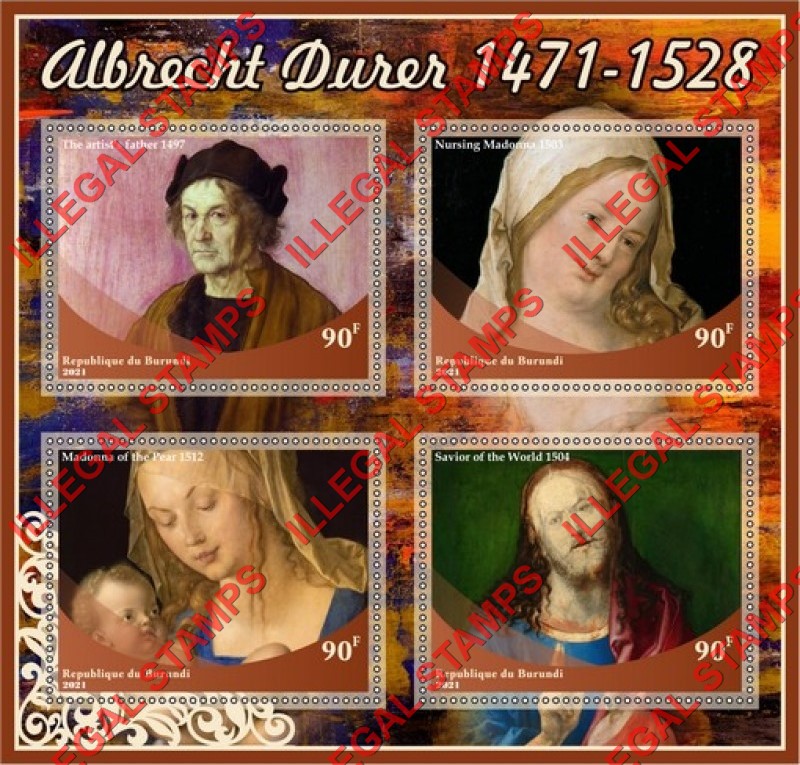 Burundi 2021 Paintings by Albrecht Durer Counterfeit Illegal Stamp Souvenir Sheet of 4