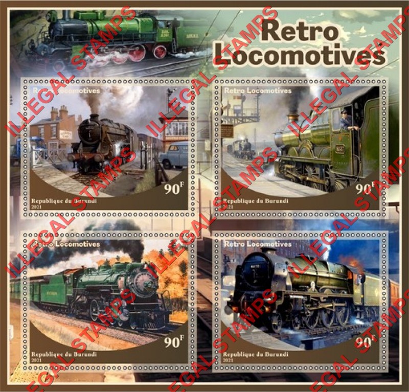 Burundi 2021 Retro Locomotives Counterfeit Illegal Stamp Souvenir Sheet of 4
