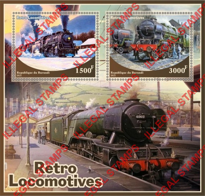 Burundi 2021 Retro Locomotives Counterfeit Illegal Stamp Souvenir Sheet of 2