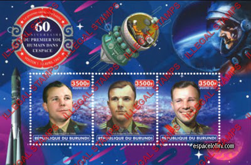Burundi 2021 Space First Human Flight Yuri Gagarin Counterfeit Illegal Stamp Souvenir Sheet of 3