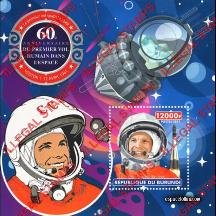 Burundi 2021 Space First Human Flight Yuri Gagarin Counterfeit Illegal Stamp Souvenir Sheet of 1