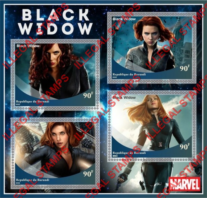 Burundi 2022 Black Widow Marvel Movie Counterfeit Illegal Stamp Souvenir Sheet of 4