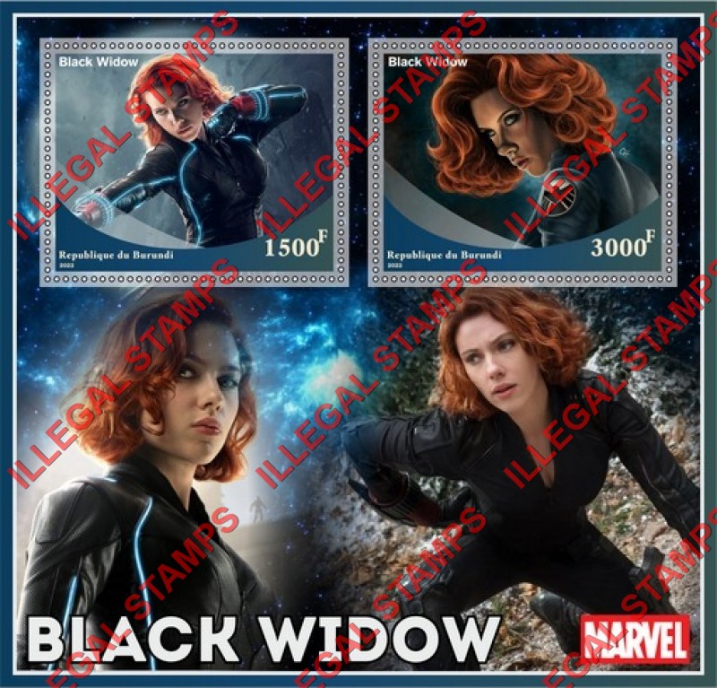 Burundi 2022 Black Widow Marvel Movie Counterfeit Illegal Stamp Souvenir Sheet of 2