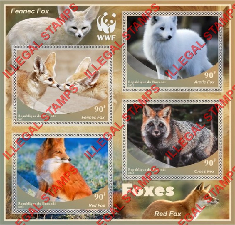 Burundi 2022 Foxes WWF (World Wildlife Fund) Counterfeit Illegal Stamp Souvenir Sheet of 4
