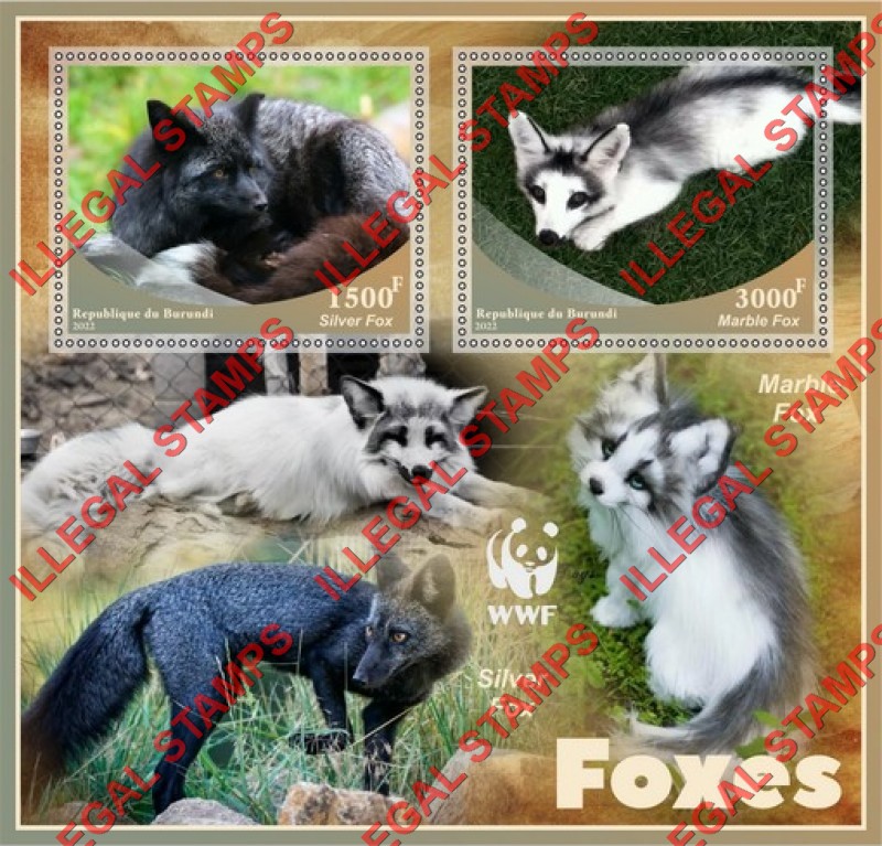 Burundi 2022 Foxes WWF (World Wildlife Fund) Counterfeit Illegal Stamp Souvenir Sheet of 2