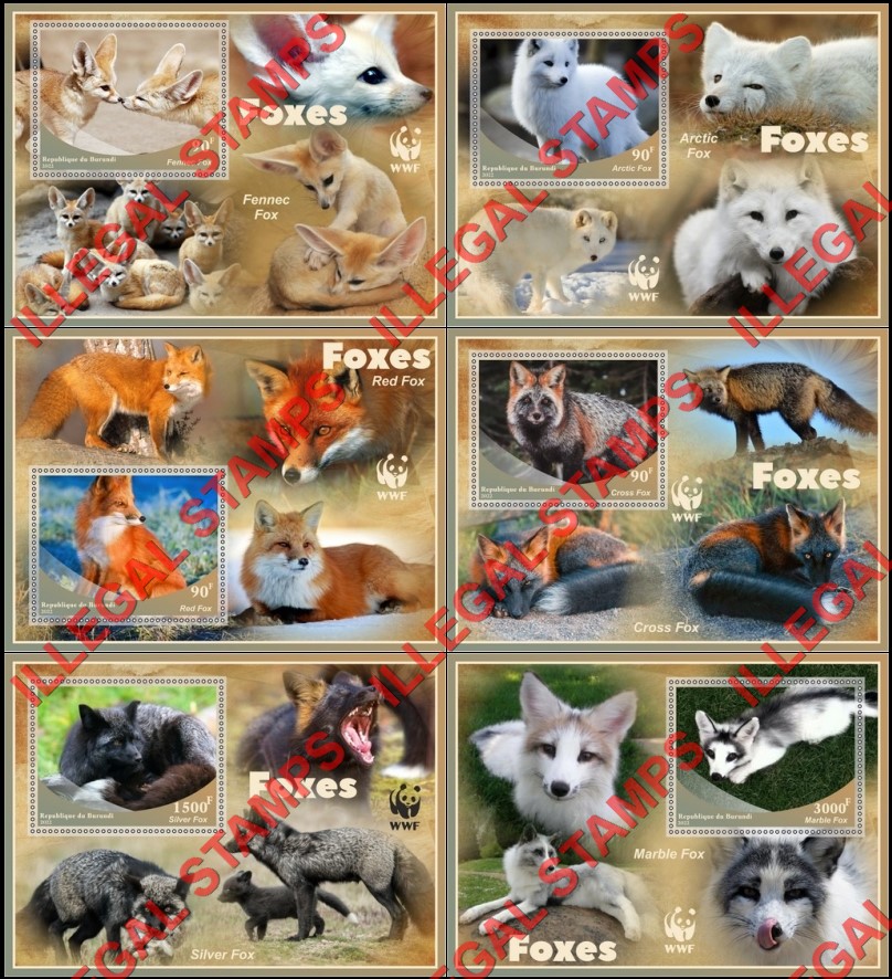 Burundi 2022 Foxes WWF (World Wildlife Fund) Counterfeit Illegal Stamp Souvenir Sheets of 1