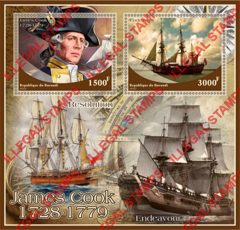 Burundi 2022 James Cook Counterfeit Illegal Stamp Souvenir Sheet of 2