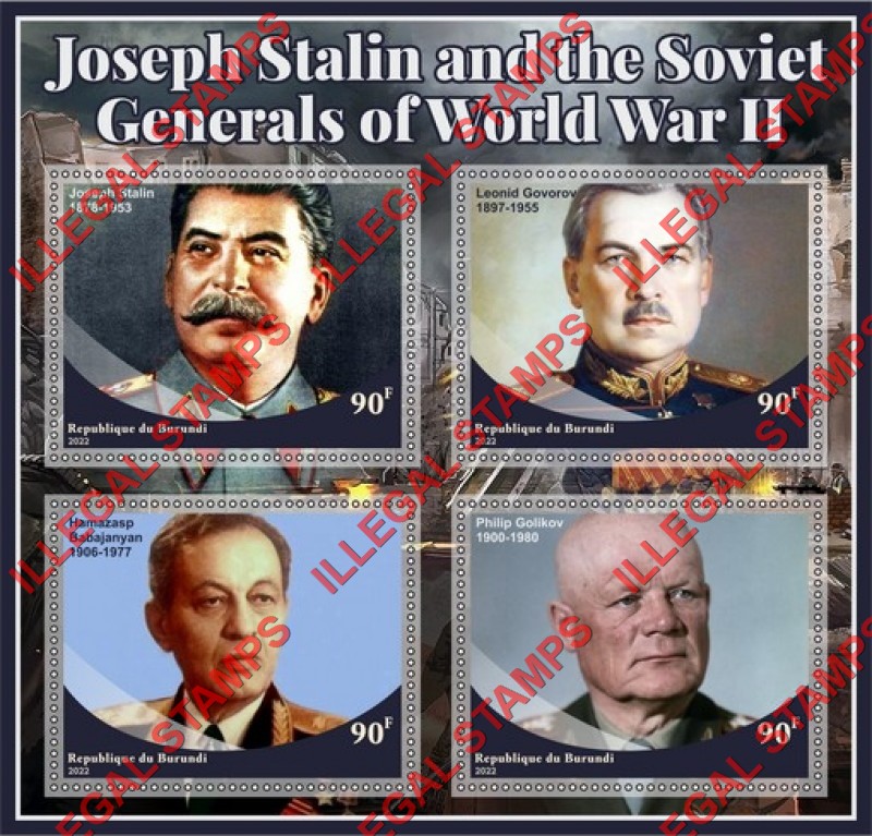 Burundi 2022 Joseph Stalin and Soviet Generals of World War II Counterfeit Illegal Stamp Souvenir Sheet of 4