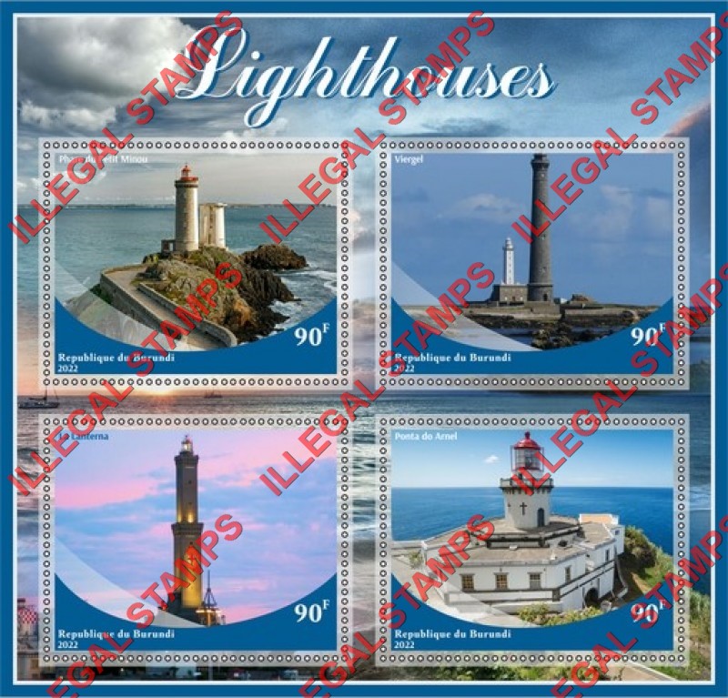 Burundi 2022 Lighthouses Counterfeit Illegal Stamp Souvenir Sheet of 4