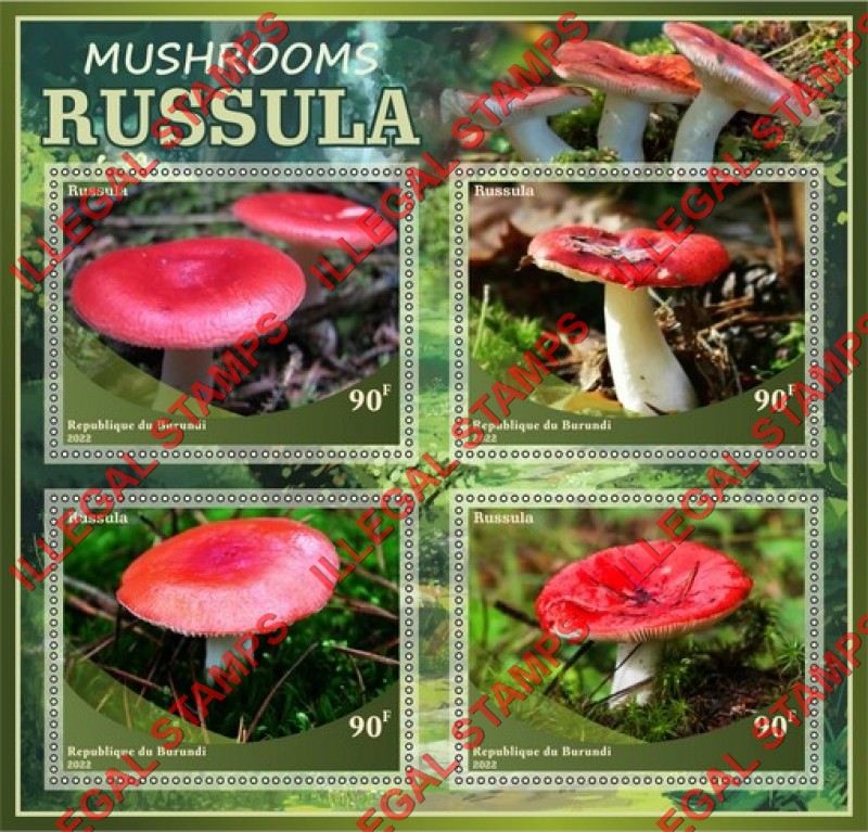 Burundi 2022 Mushrooms Russula Counterfeit Illegal Stamp Souvenir Sheet of 4