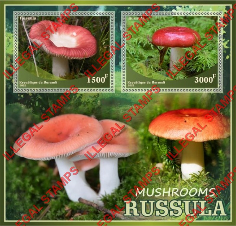 Burundi 2022 Mushrooms Russula Counterfeit Illegal Stamp Souvenir Sheet of 2