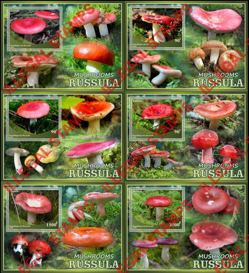 Burundi 2022 Mushrooms Russula Counterfeit Illegal Stamp Souvenir Sheets of 1