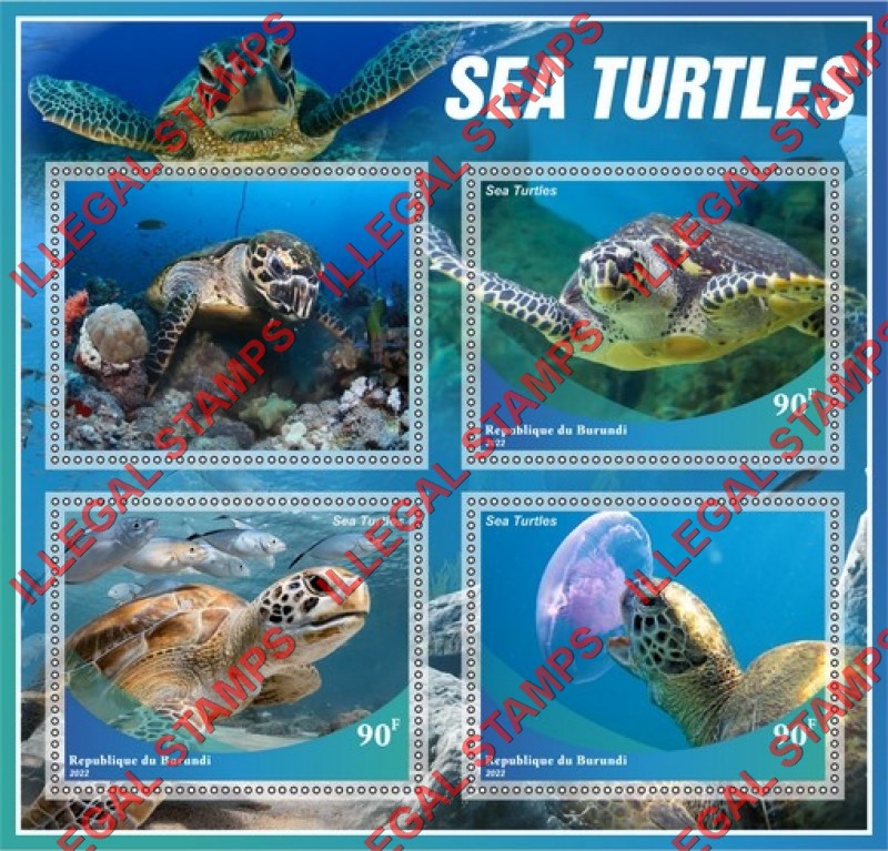 Burundi 2022 Sea Turtles Counterfeit Illegal Stamp Souvenir Sheet of 4