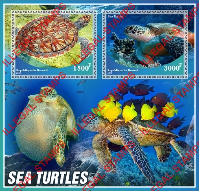 Burundi 2022 Sea Turtles Counterfeit Illegal Stamp Souvenir Sheet of 2