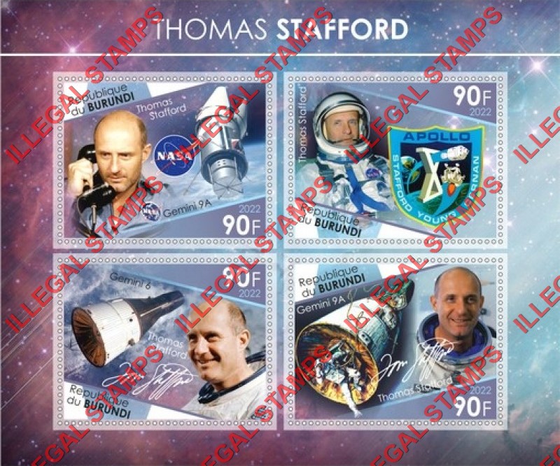 Burundi 2022 Space Astronaut Thomas Stafford Counterfeit Illegal Stamp Souvenir Sheet of 4