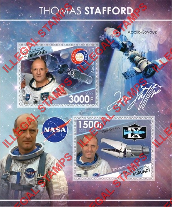 Burundi 2022 Space Astronaut Thomas Stafford Counterfeit Illegal Stamp Souvenir Sheet of 2