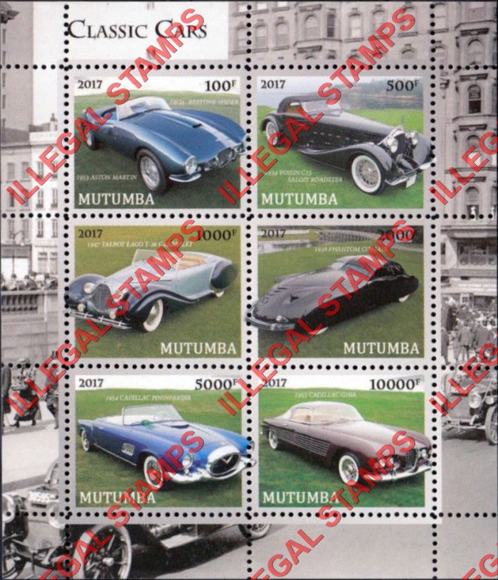 Mutumba 2017 Classic Cars Counterfeit Illegal Stamp Souvenir Sheet of 6 (Sheet 1)