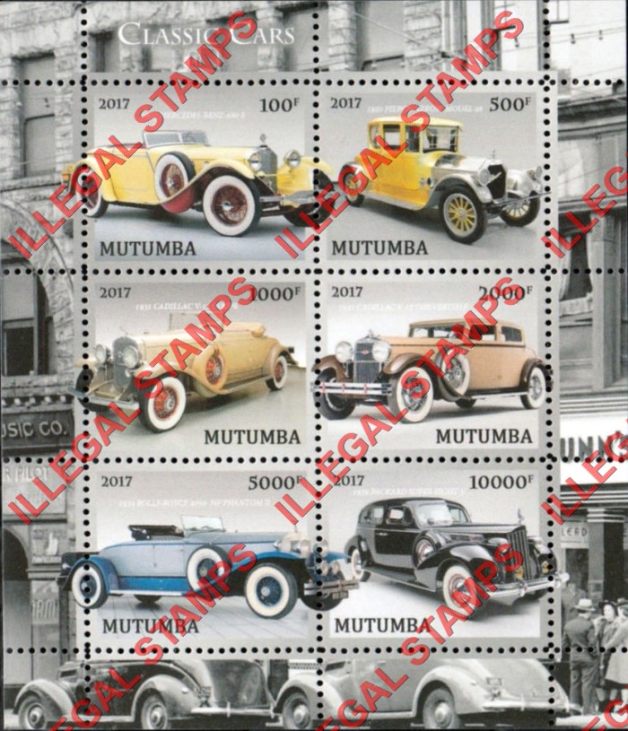 Mutumba 2017 Classic Cars Counterfeit Illegal Stamp Souvenir Sheet of 6 (Sheet 2)