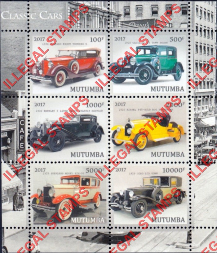 Mutumba 2017 Classic Cars Counterfeit Illegal Stamp Souvenir Sheet of 6 (Sheet 3)