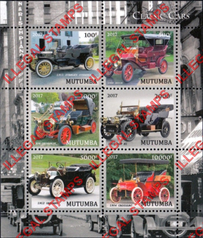 Mutumba 2017 Classic Cars Counterfeit Illegal Stamp Souvenir Sheet of 6 (Sheet 4)