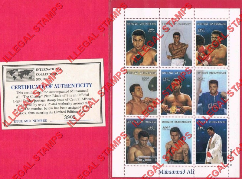 Central African Republic 1998 Muhammad Ali Illegal Stamp Sheet of 9