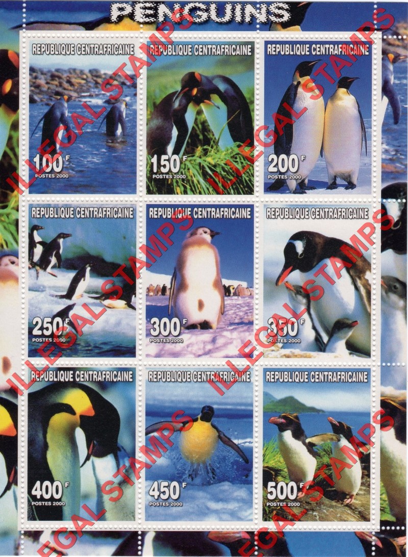Central African Republic 2000 Penguins Illegal Stamp Sheet of 9