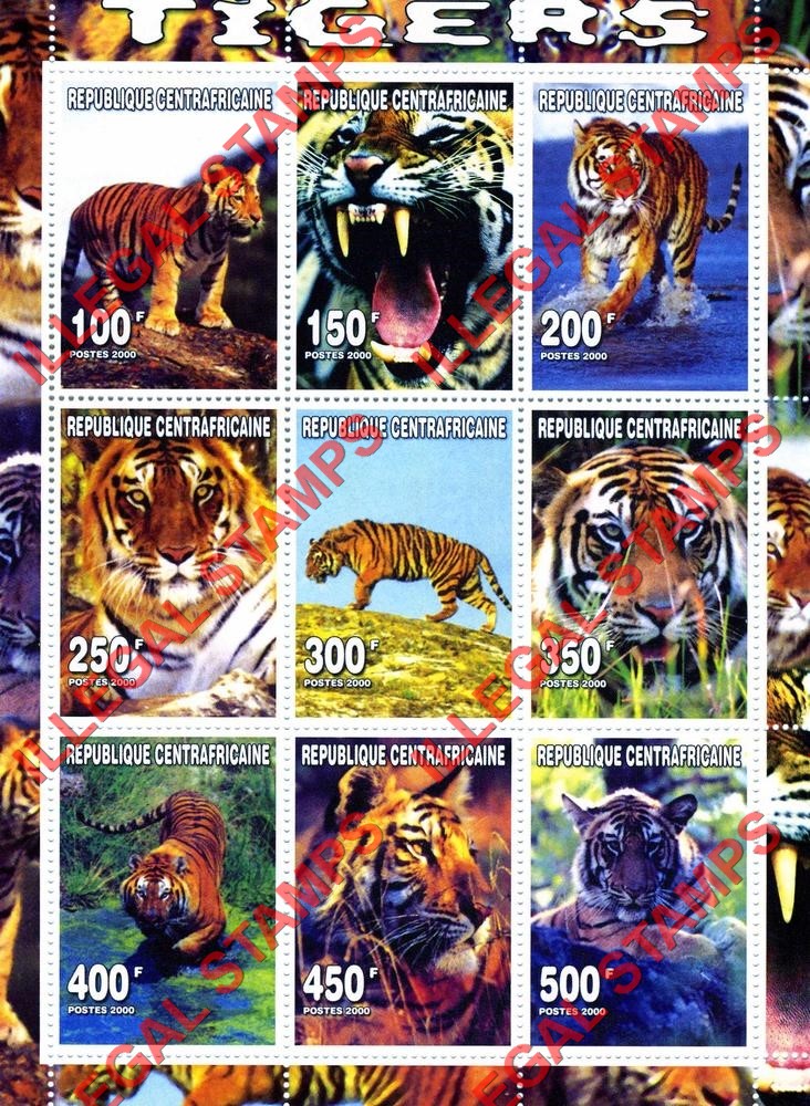 Central African Republic 2000 Tigers Illegal Stamp Sheet of 9