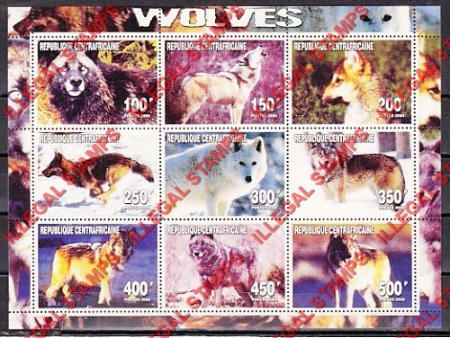 Central African Republic 2000 Wolves Illegal Stamp Sheet of 9