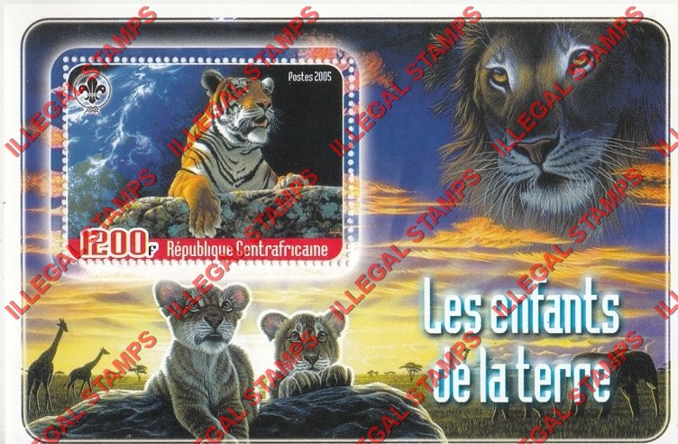 Central African Republic 2005 Young Animals Tigers and Lion Illegal Stamp Souvenir Sheet of 1