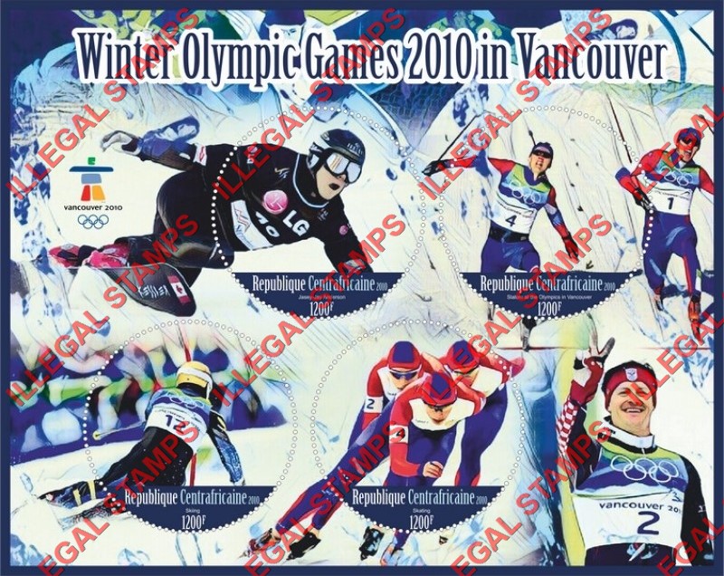 Central African Republic 2010 Winter Olympic Games in Vancouver Illegal Stamp Souvenir Sheet of 4