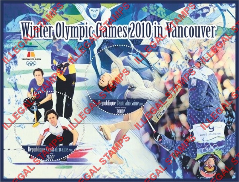 Central African Republic 2010 Winter Olympic Games in Vancouver Illegal Stamp Souvenir Sheet of 2