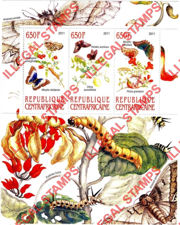 Central African Republic 2011 Butterflies and Insects Illegal Stamp Souvenir Sheet of 3 (Sheet 1)