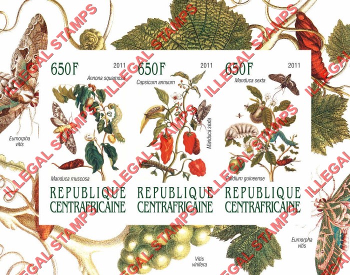 Central African Republic 2011 Butterflies and Insects Illegal Stamp Souvenir Sheet of 3 (Sheet 3)