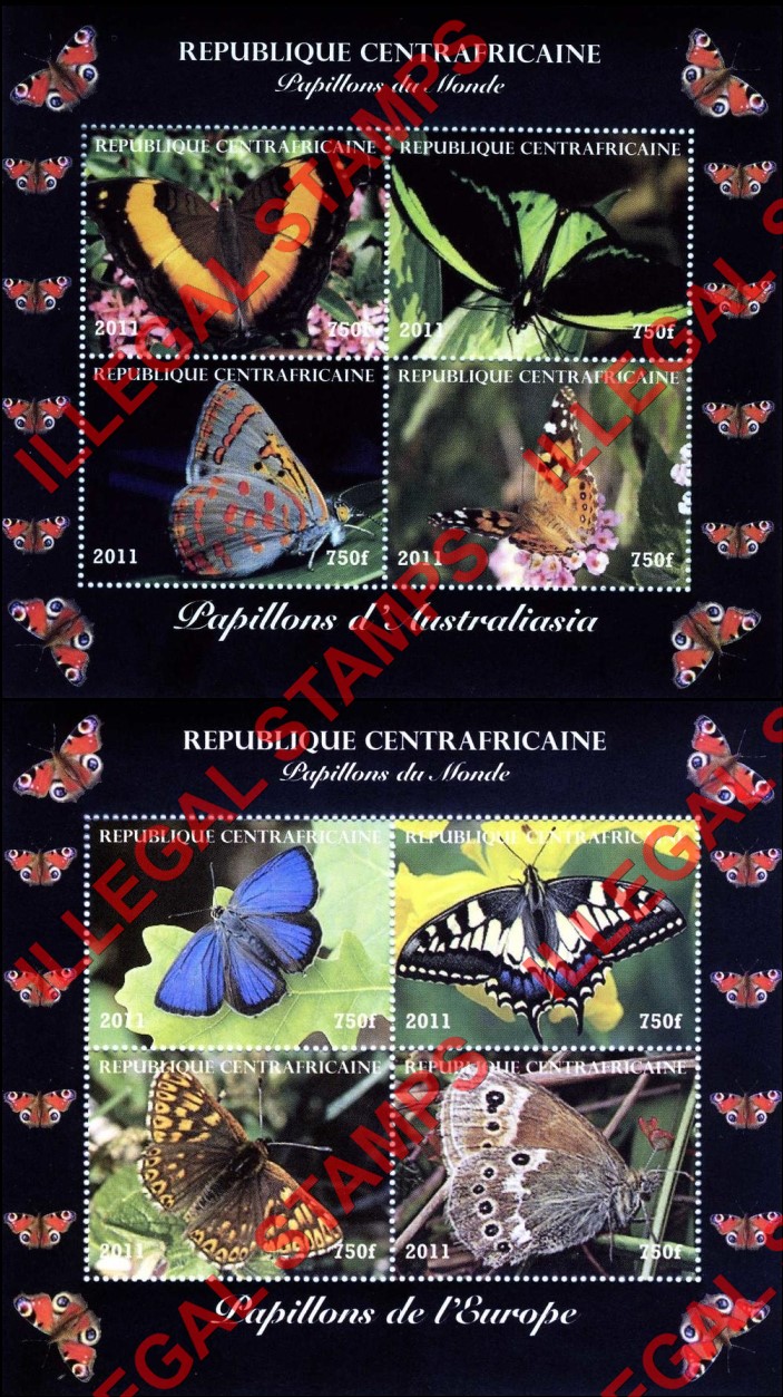Central African Republic 2011 Butterflies of the World Illegal Stamp Souvenir Sheets of 4 (Part 2)