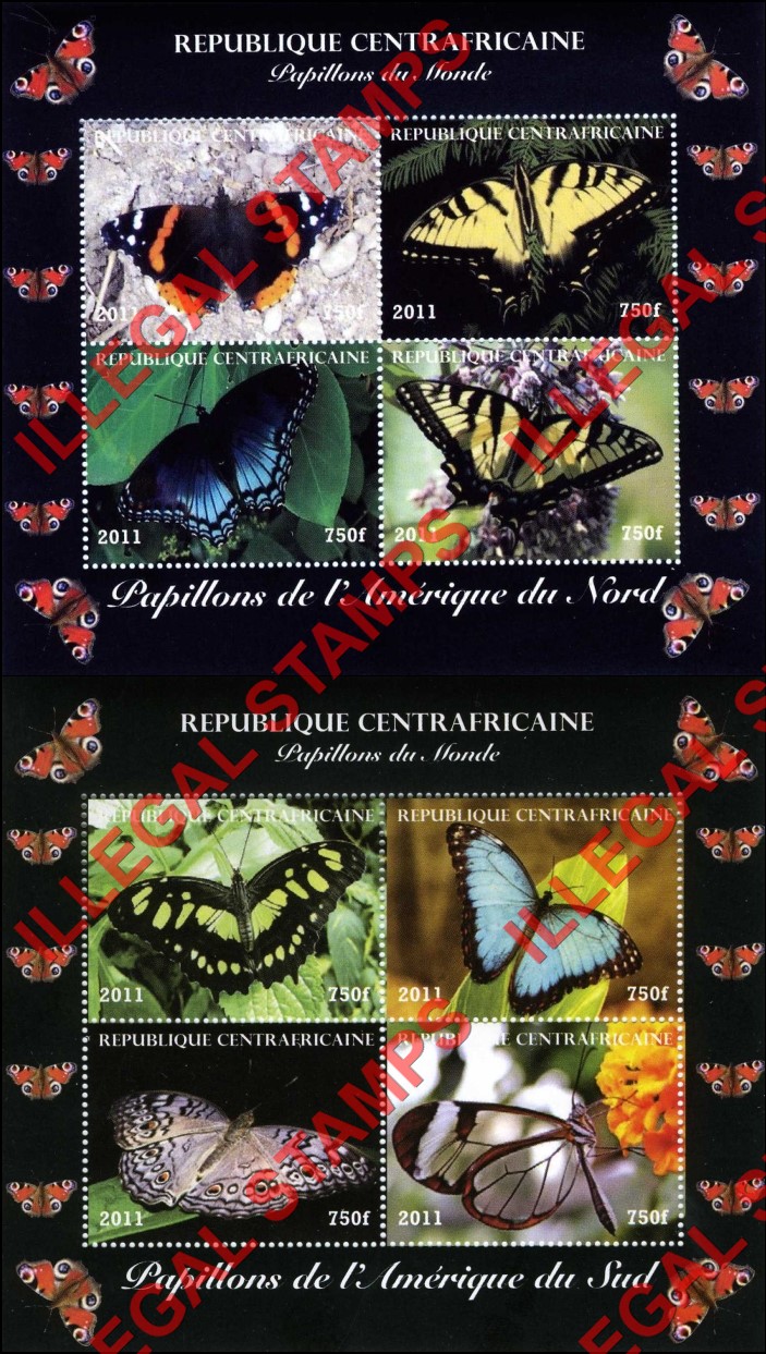 Central African Republic 2011 Butterflies of the World Illegal Stamp Souvenir Sheets of 4 (Part 3)