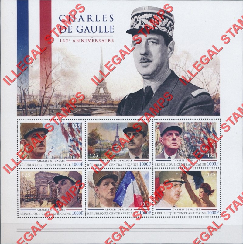 Central African Republic 2011 Charles de Gaulle Illegal Stamp Souvenir Sheet of 6