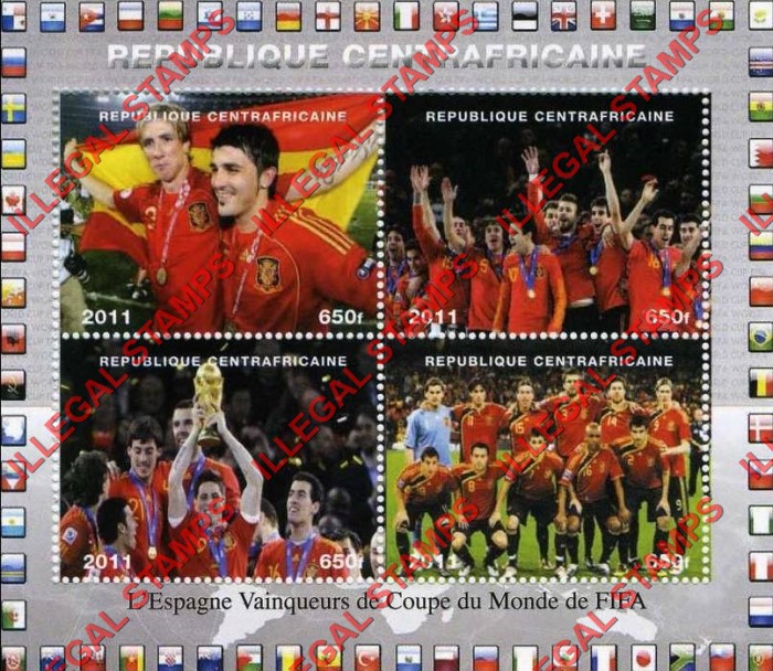 Central African Republic 2011 FIFA World Cup Soccer Winners Illegal Stamp Souvenir Sheet of 4
