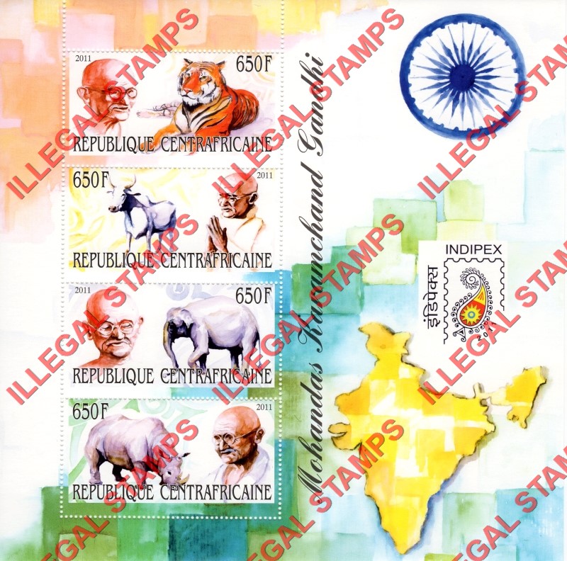 Central African Republic 2011 Gandhi Illegal Stamp Souvenir Sheet of 4