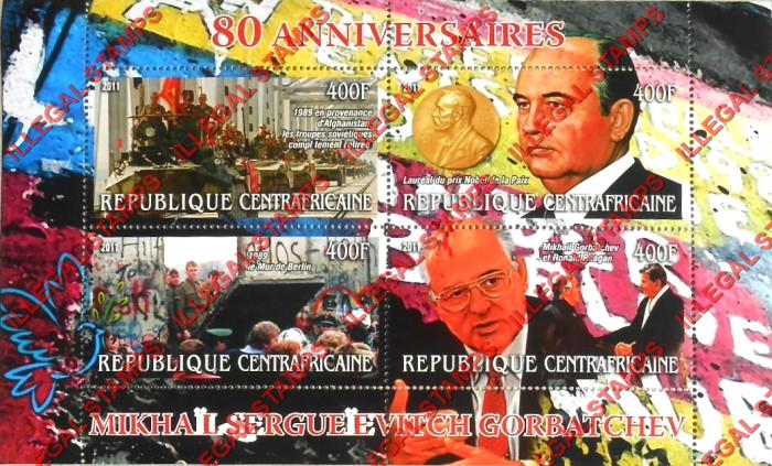 Central African Republic 2011 Mikhail Gorbatchev Illegal Stamp Souvenir Sheet of 4